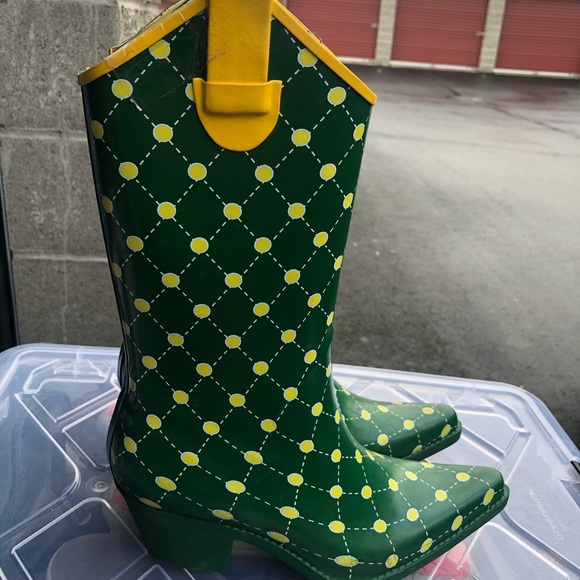 Stadium Stompers Women's Green Yellow Rubber Wellies knee High Boots Size 6 - Picture 5 of 13